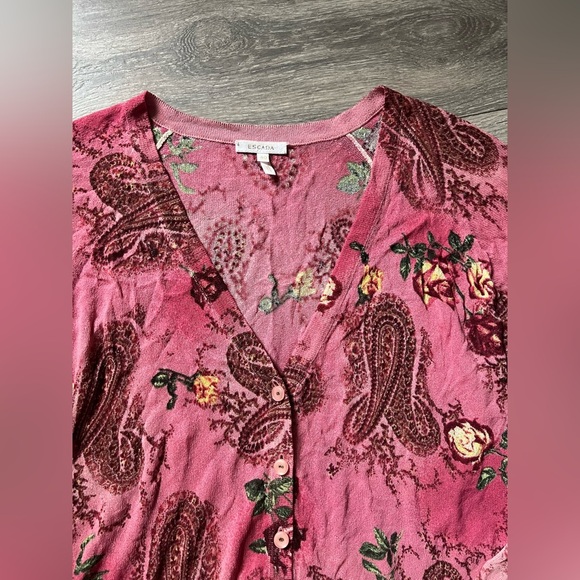 ESCADA Pink Floral Paisley Knit Button Up V - neck Cardigan Sweater. Size EU 40 - Picture 2 of 8